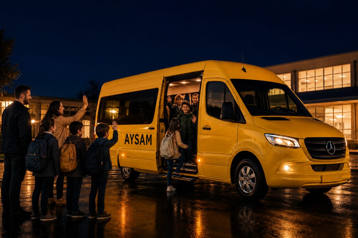 Aysam Turizm okul servisi aracı ve el sallayan öğrenciler