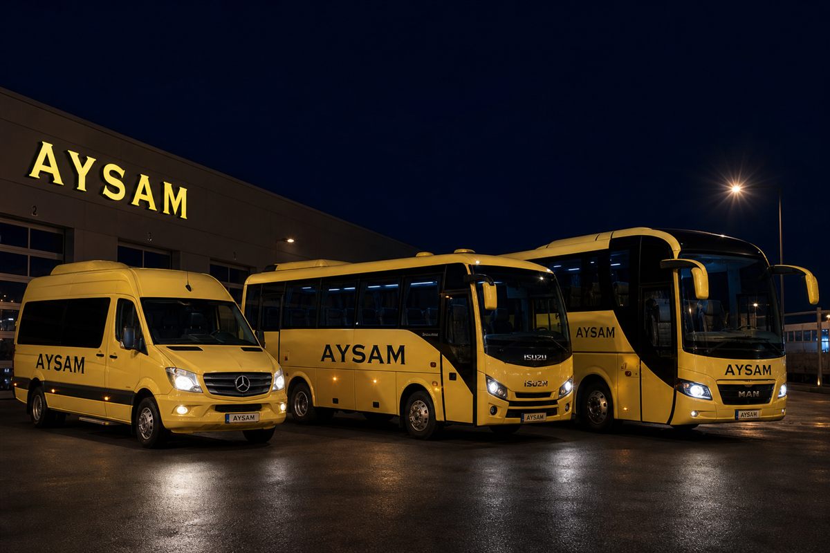 Aysam Turizm araç filosu depoda yan yana dizili